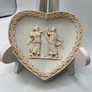 Heart shaped trinket ring dish Greek goddess embossed grapevine 4 inches.